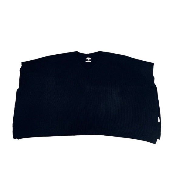 VINCE BLACK RIBBED KNIT CASHMERE SHORT SLEEVE V NECK PONCHO SWEATER - Picture 13 of 15